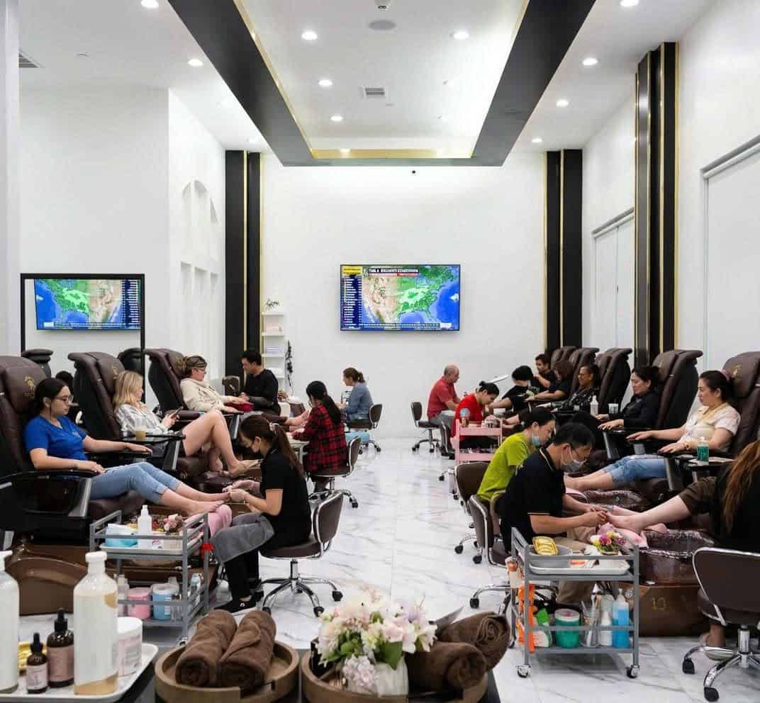 Relaxing nail salon with clients receiving pedicures at Zen Nail Lounge Upland.