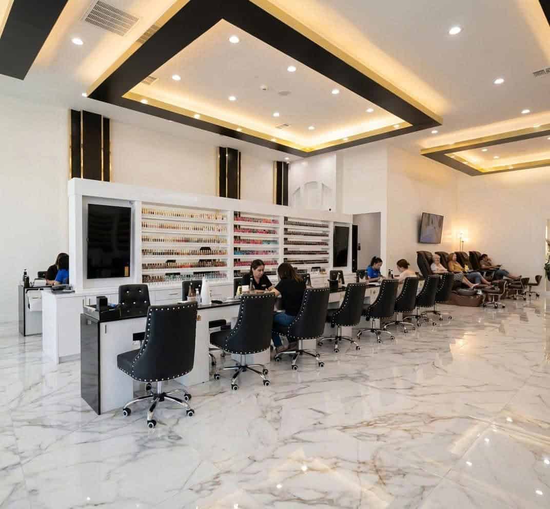 Modern nail salon interior with manicure stations at Zen Nail Lounge Upland.