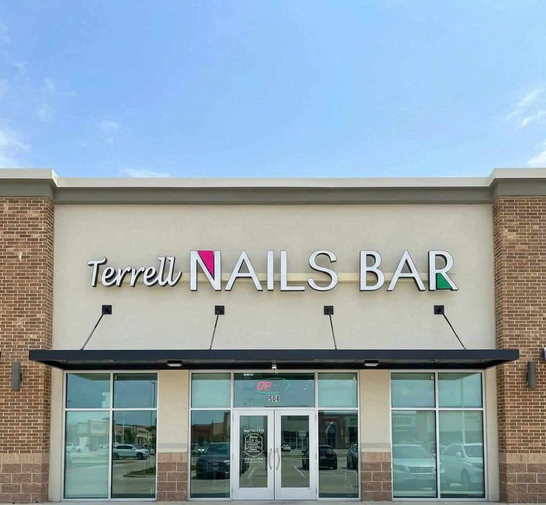 Relaxing nail salon exterior with modern signage at Terrell Nails Bar in Upland.
