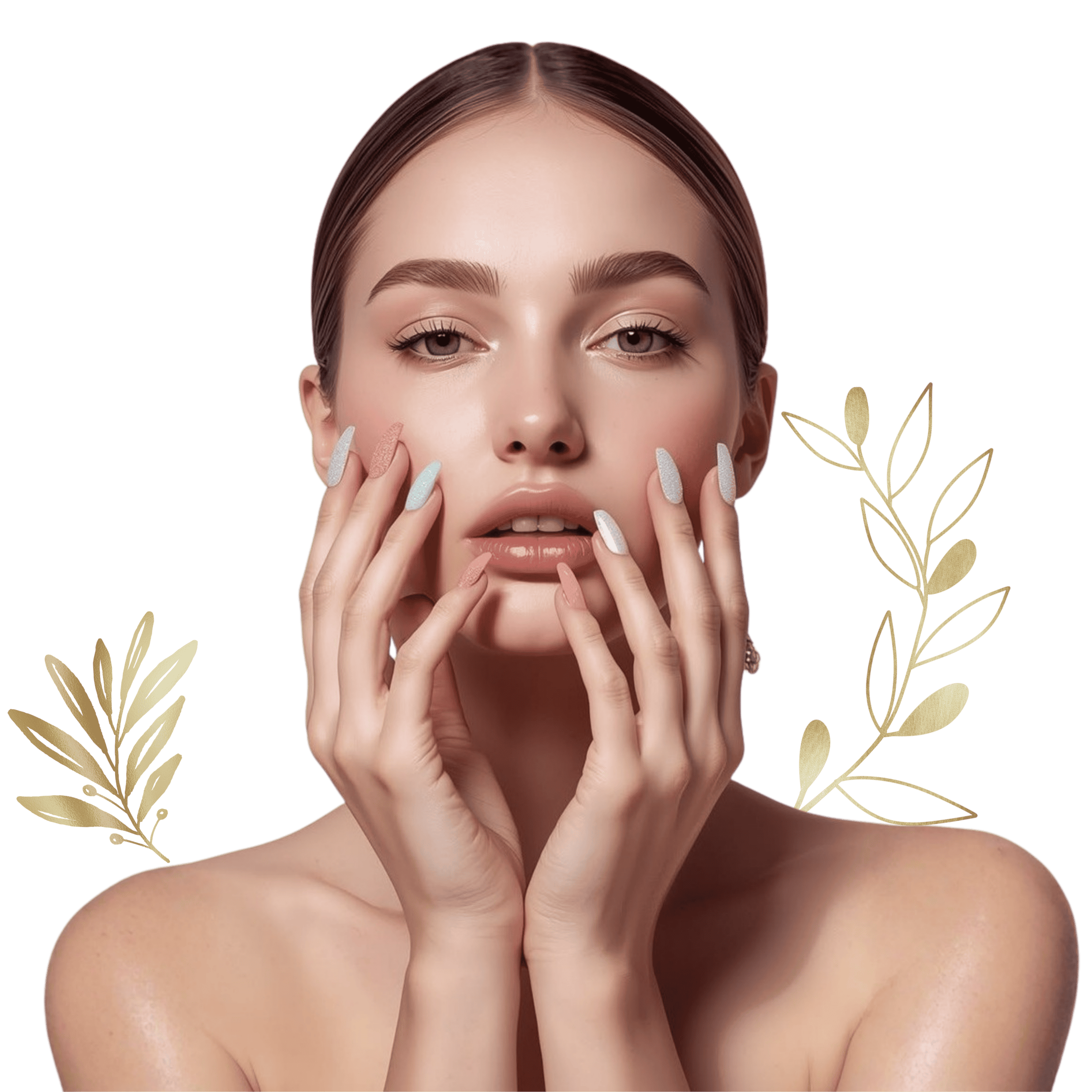 Elegant woman with manicured nails and natural makeup at Zen Nail Lounge Upland.